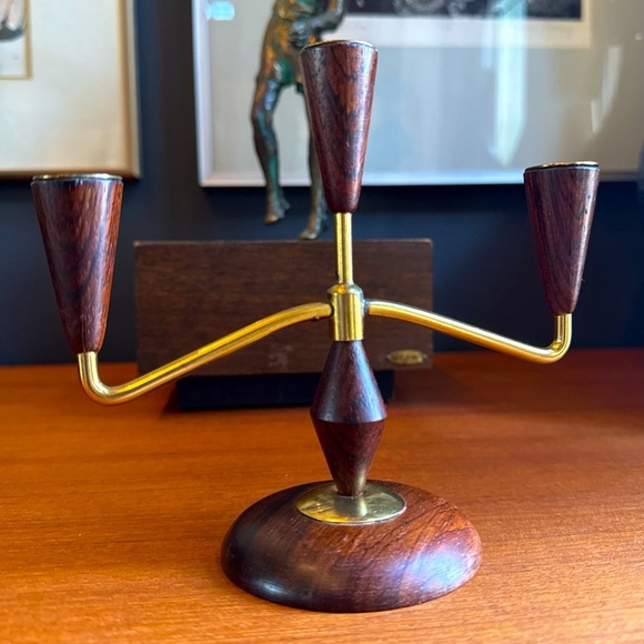 Mcm Mid-century modern vintage teak/rosewood ? brass candle holder - Picture 1 of 12